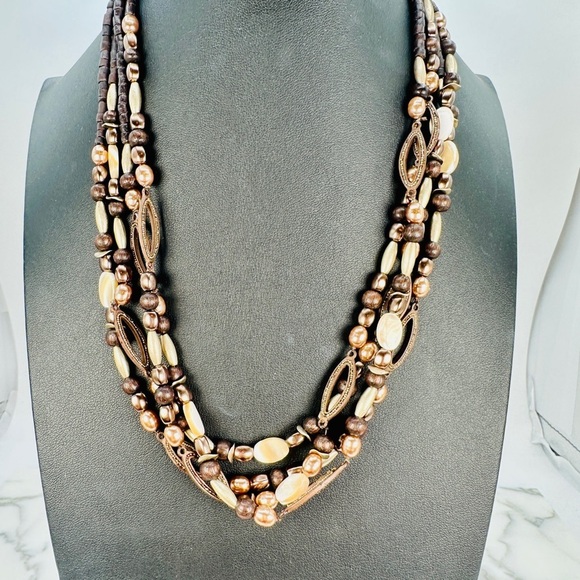 Coldwater Creek Layered Beaded Necklace Brown and Mother of Pearl Adjustable - Picture 11 of 11